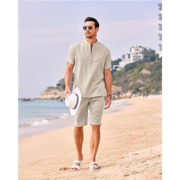 Men's 2 Pieces Linen Set Casual Henley Shirts Short Sleeve Shorts Summer Outfit - Picture 3 of 6